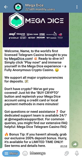 Mega Dice Telegram Main Screen