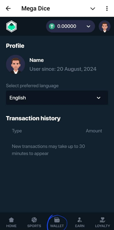 Mega Dice Wallet Tab