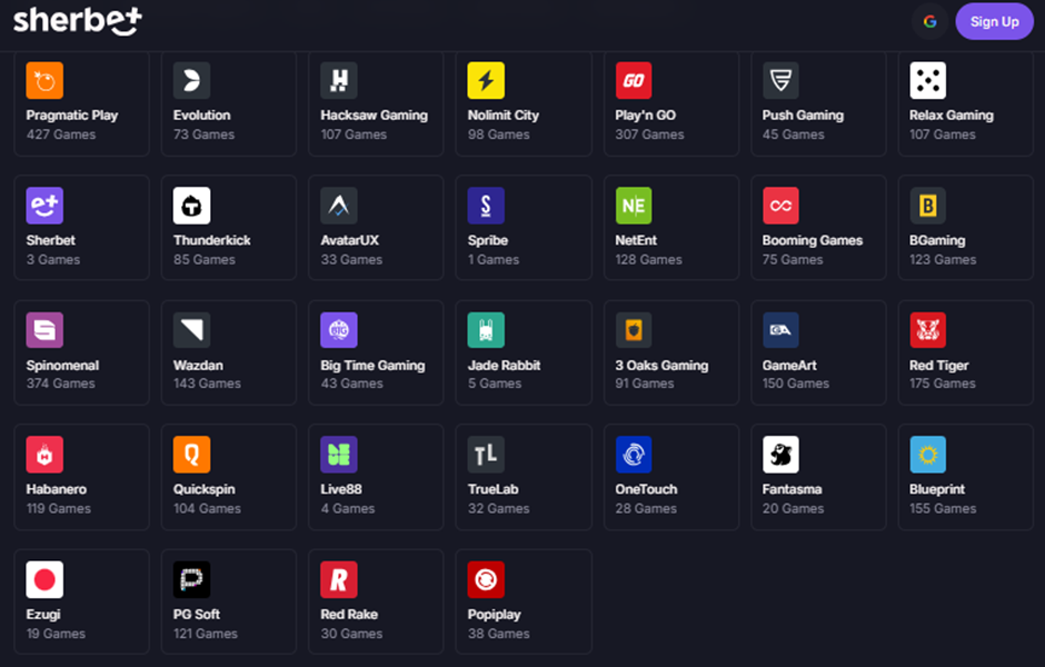 Sherbet Casino Game Providers