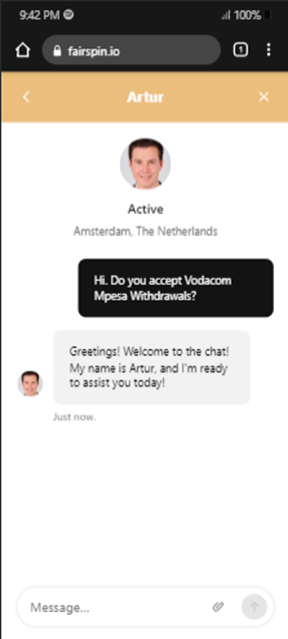 Fairspin Browser Live Chat Customer Support