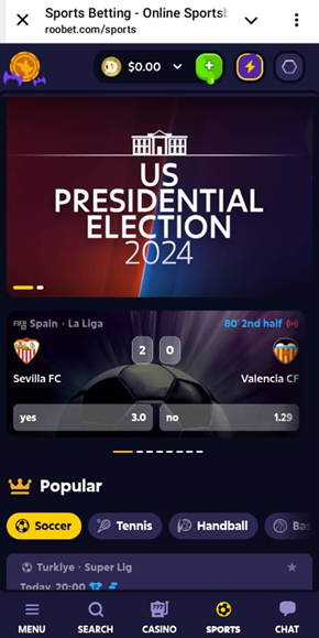 Roobet Sportsbook Interface