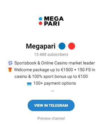 Megapari Telegram welcome package offer screen shot