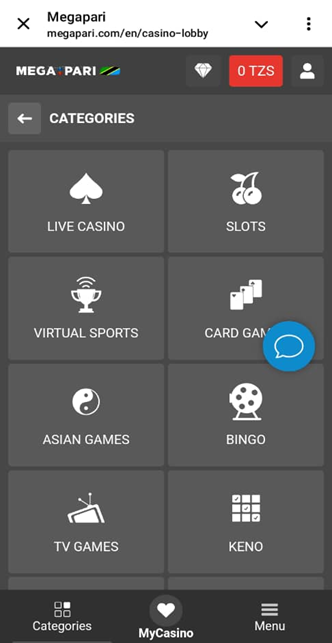 Megapari Casino Categories