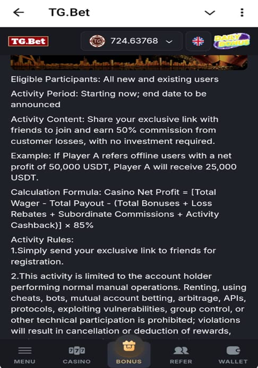  TgBet Casino Referral Losses - 50% Cash Rebate