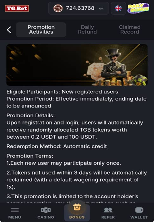 TgBet Casino Up to 100 USDT Registration Bonus