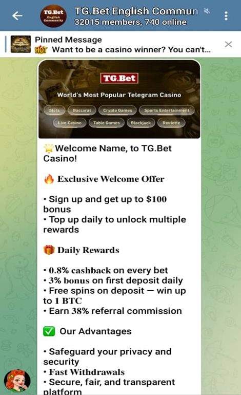 TgBet Casino Telegram Main Screen
